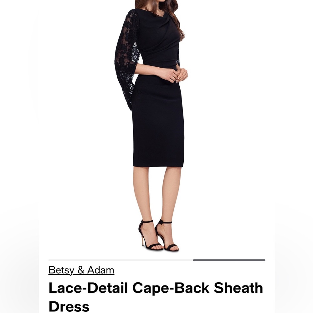 NWT black Betsy & Adam Lace detail cape back sheath dress, size 16